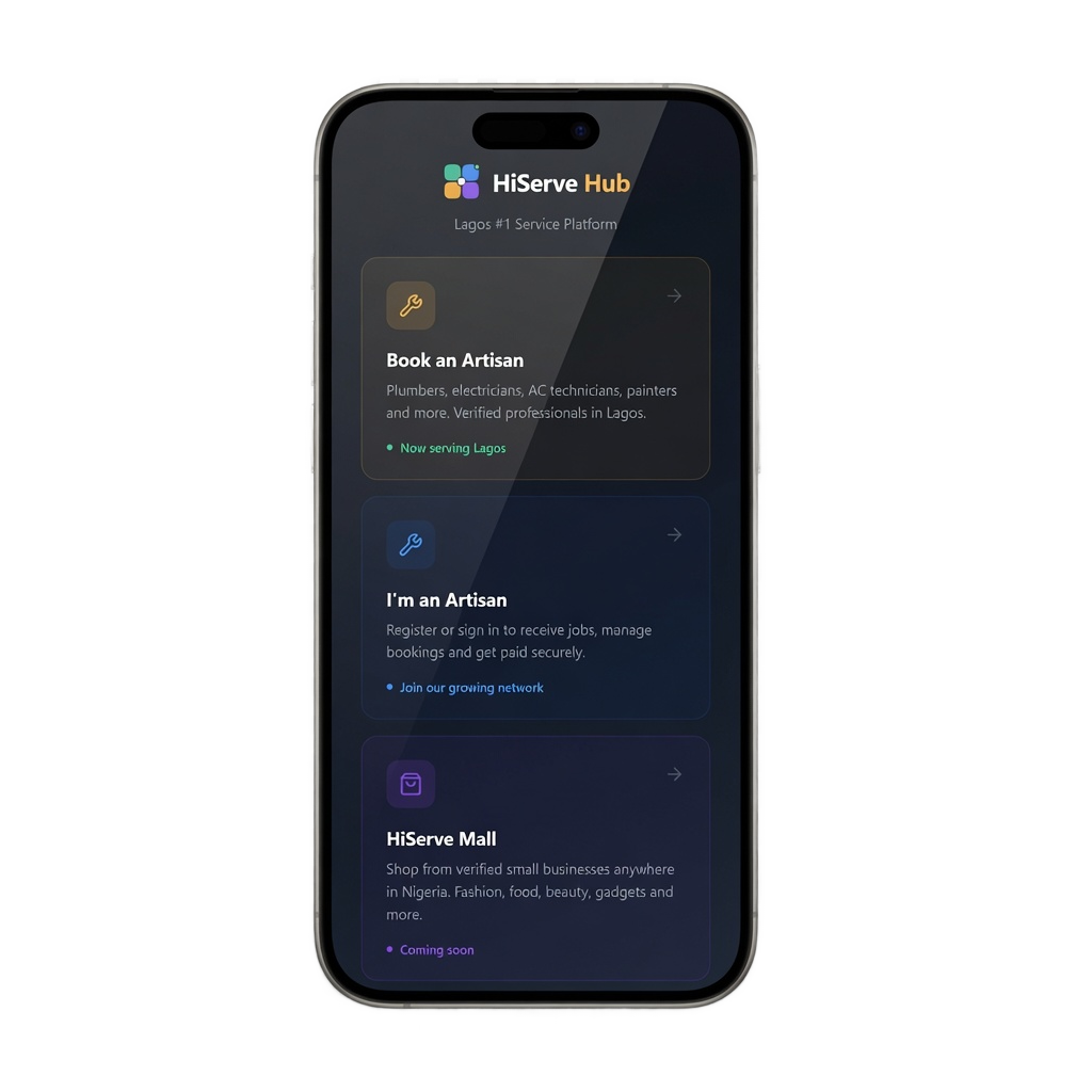 HiServe Hub app: platform switcher, artisan booking, and escrow protection